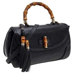 مملوكة مسبقًا حقيبة غوتشي نيو بامبو جلد أسود بشراشيب بيد علوية