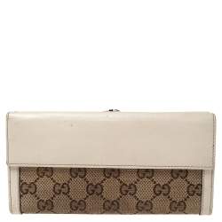 Gucci White/Beige GG Canvas and Leather G Bit Flap Continental Wallet