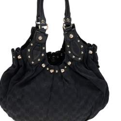 Pre Owned Gucci Black GG Canvas and Leather Studded Pelham Bag