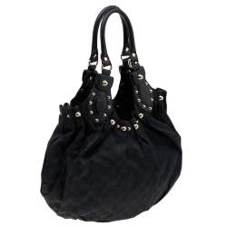 Pre Owned Gucci Black GG Canvas and Leather Studded Pelham Bag