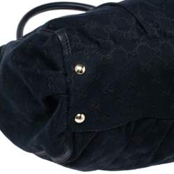 Pre Owned Gucci Black/Navy Blue GG Canvas and Leather D-Ring Tote