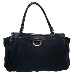 Pre Owned Gucci Black/Navy Blue GG Canvas and Leather D-Ring Tote