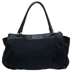 Pre Owned Gucci Black/Navy Blue GG Canvas and Leather D-Ring Tote