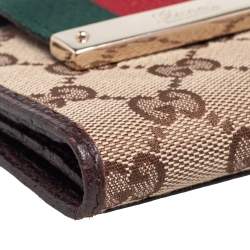 مملوكة مسبقًا محفظة غوتشي مضغوطة قلاب ويب جلد وكانفاس جي جي بيج/ بني