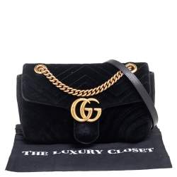Pre Owned Gucci Black Matelassé Velvet Small GG Marmont Shoulder Bag