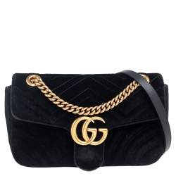 Pre Owned Gucci Black Matelassé Velvet Small GG Marmont Shoulder Bag