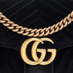 Pre Owned Gucci Black Matelassé Velvet Small GG Marmont Shoulder Bag