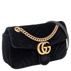 Pre Owned Gucci Black Matelassé Velvet Small GG Marmont Shoulder Bag