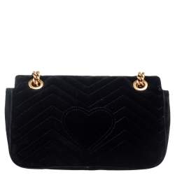 Pre Owned Gucci Black Matelassé Velvet Small GG Marmont Shoulder Bag