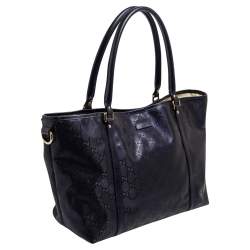 Pre Owned Gucci Metallic Blue GG Imprime Canvas and Leather Medium Joy Shopping Tote
