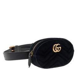 Pre Owned Gucci Black Matelassé Velvet GG Marmont Belt Bag