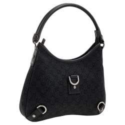 Pre Owned Gucci Navy Blue/Black GG Canvas And Leather Medium Abbey D-Ring Hobo