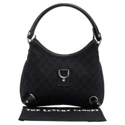 Pre Owned Gucci Navy Blue/Black GG Canvas And Leather Medium Abbey D-Ring Hobo