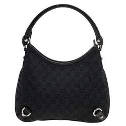 Pre Owned Gucci Navy Blue/Black GG Canvas And Leather Medium Abbey D-Ring Hobo