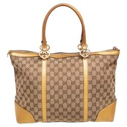 Pre Owned Gucci Beige/Gold GG Canvas and Leather Lovely Heart Tote