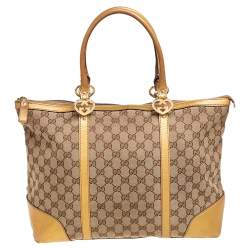 Pre Owned Gucci Beige/Gold GG Canvas and Leather Lovely Heart Tote