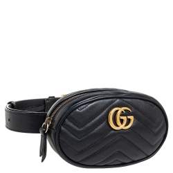 Pre Owned Gucci Black Matelassé Leather GG Marmont Belt Bag