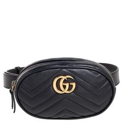 Pre Owned Gucci Black Matelassé Leather GG Marmont Belt Bag