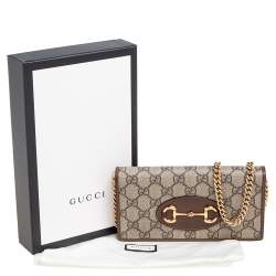 Pre Owned Gucci Brown/Beige GG Supreme Coated Canvas and Leather Horsebit 1955 Wallet on Chain