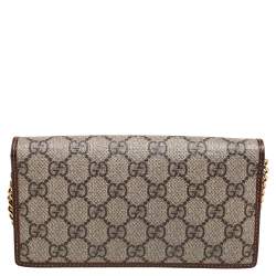 Pre Owned Gucci Brown/Beige GG Supreme Coated Canvas and Leather Horsebit 1955 Wallet on Chain