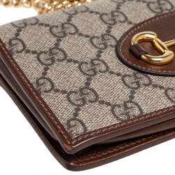 Pre Owned Gucci Brown/Beige GG Supreme Coated Canvas and Leather Horsebit 1955 Wallet on Chain