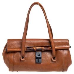 Pre Owned Gucci Brown Leather Bamboo Bullet Satchel