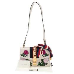 Pre Owned Gucci Ivory Leather Floral Embroidered Small Web Chain Sylvie Shoulder Bag