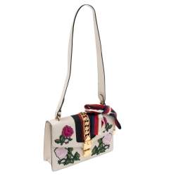 Pre Owned Gucci Ivory Leather Floral Embroidered Small Web Chain Sylvie Shoulder Bag