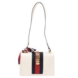 Pre Owned Gucci Ivory Leather Floral Embroidered Small Web Chain Sylvie Shoulder Bag