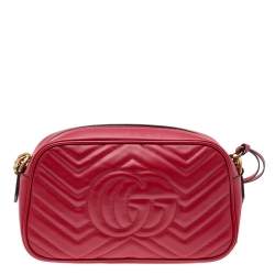 Pre Owned Gucci Red Matelassé Leather Small GG Marmont Crossbody Bag