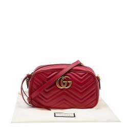 Pre Owned Gucci Red Matelassé Leather Small GG Marmont Crossbody Bag