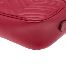 Pre Owned Gucci Red Matelassé Leather Small GG Marmont Crossbody Bag