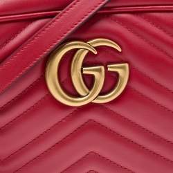 Pre Owned Gucci Red Matelassé Leather Small GG Marmont Crossbody Bag