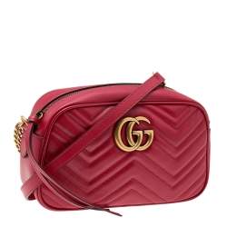 Pre Owned Gucci Red Matelassé Leather Small GG Marmont Crossbody Bag