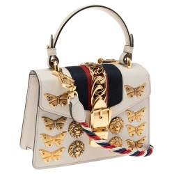 Pre Owned Gucci White Leather Mini Sylvie Animal Studded Top Handle Bag