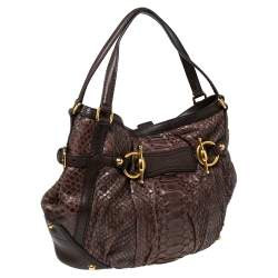 Pre Owned Gucci Brown Python Leather Horsebit Jockey Tote