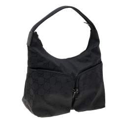 Pre Owned Gucci Black GG Nylon and Leather Double Pocket Hobo