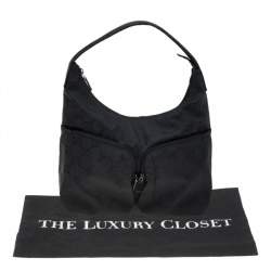 Pre Owned Gucci Black GG Nylon and Leather Double Pocket Hobo