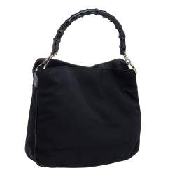 Pre Owned Gucci Black Nylon and Leather Bamboo Handle Hobo