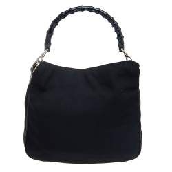 Pre Owned Gucci Black Nylon and Leather Bamboo Handle Hobo