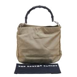 Pre Owned Gucci Khaki Nylon and Leather Bamboo Handle Hobo
