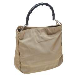 Pre Owned Gucci Khaki Nylon and Leather Bamboo Handle Hobo