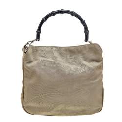 Pre Owned Gucci Khaki Nylon and Leather Bamboo Handle Hobo
