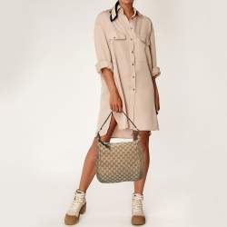 Pre Owned Gucci Beige/Olive Green GG Canvas and Leather Bamboo Bar Hobo