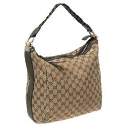 Pre Owned Gucci Beige/Olive Green GG Canvas and Leather Bamboo Bar Hobo
