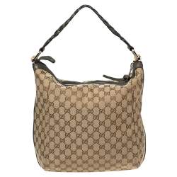 Pre Owned Gucci Beige/Olive Green GG Canvas and Leather Bamboo Bar Hobo