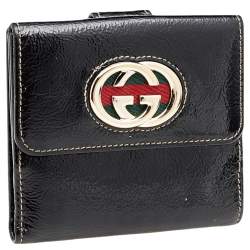 مملوكة مسبقًا محفظة غوتشي جي جي ويب بريت جلد أسود لامع مضغوطة