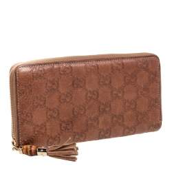 Pre Owned محفظة كونتينينتال غوتشي جلد غوتشيسيما بني مزينة دلاية بامبو بشراشيب