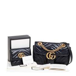 Pre Owned Gucci Black Matelassé Leather Mini GG Marmont Shoulder Bag