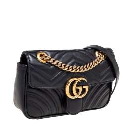 Pre Owned Gucci Black Matelassé Leather Mini GG Marmont Shoulder Bag